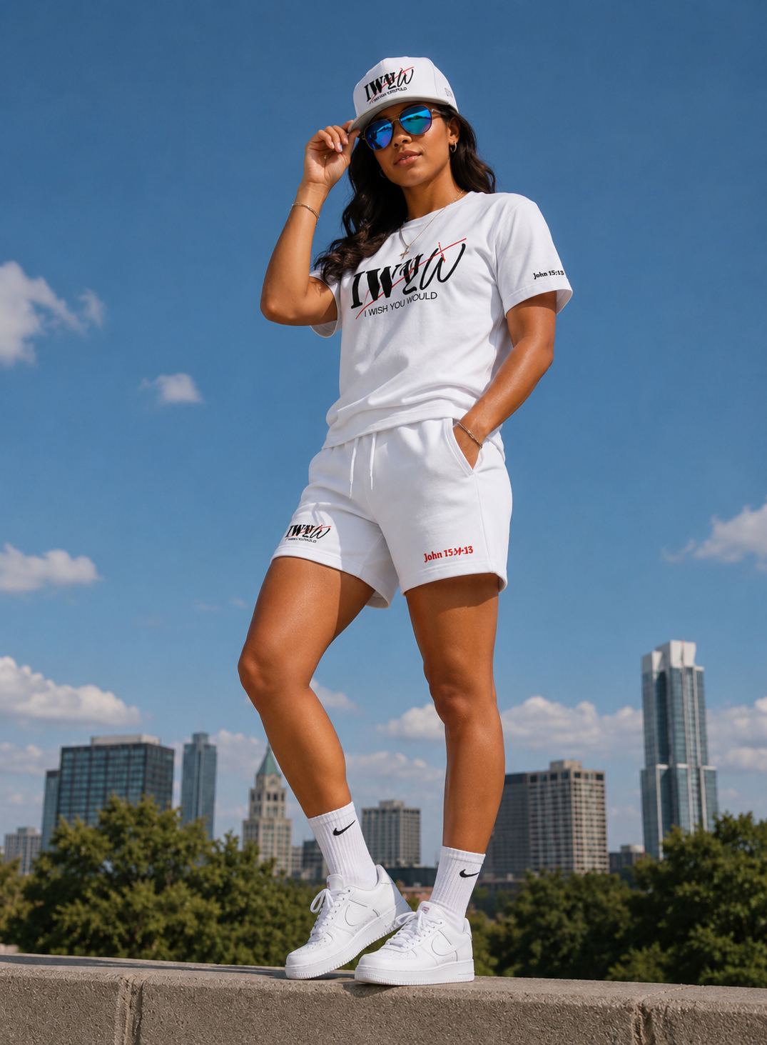 “IWYW” Signature White fleece shorts (Unisex)