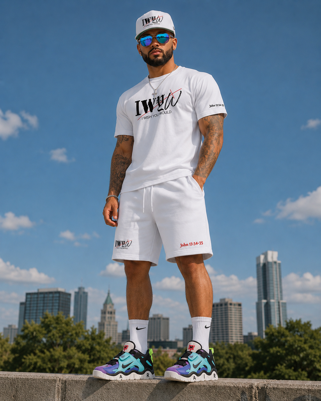 “IWYW” Signature White fleece shorts (Unisex)